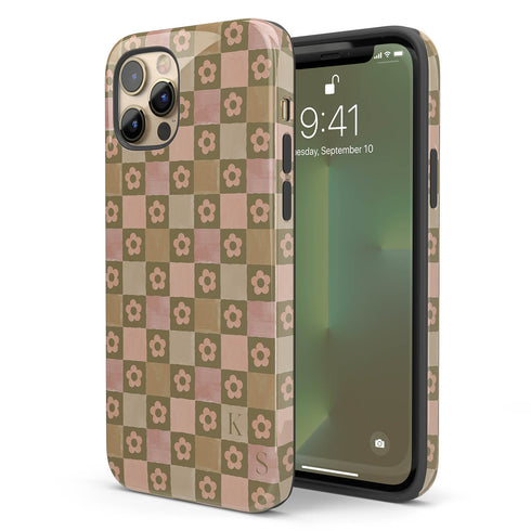 Custom Initials Floral Checkerboard iPhone Case